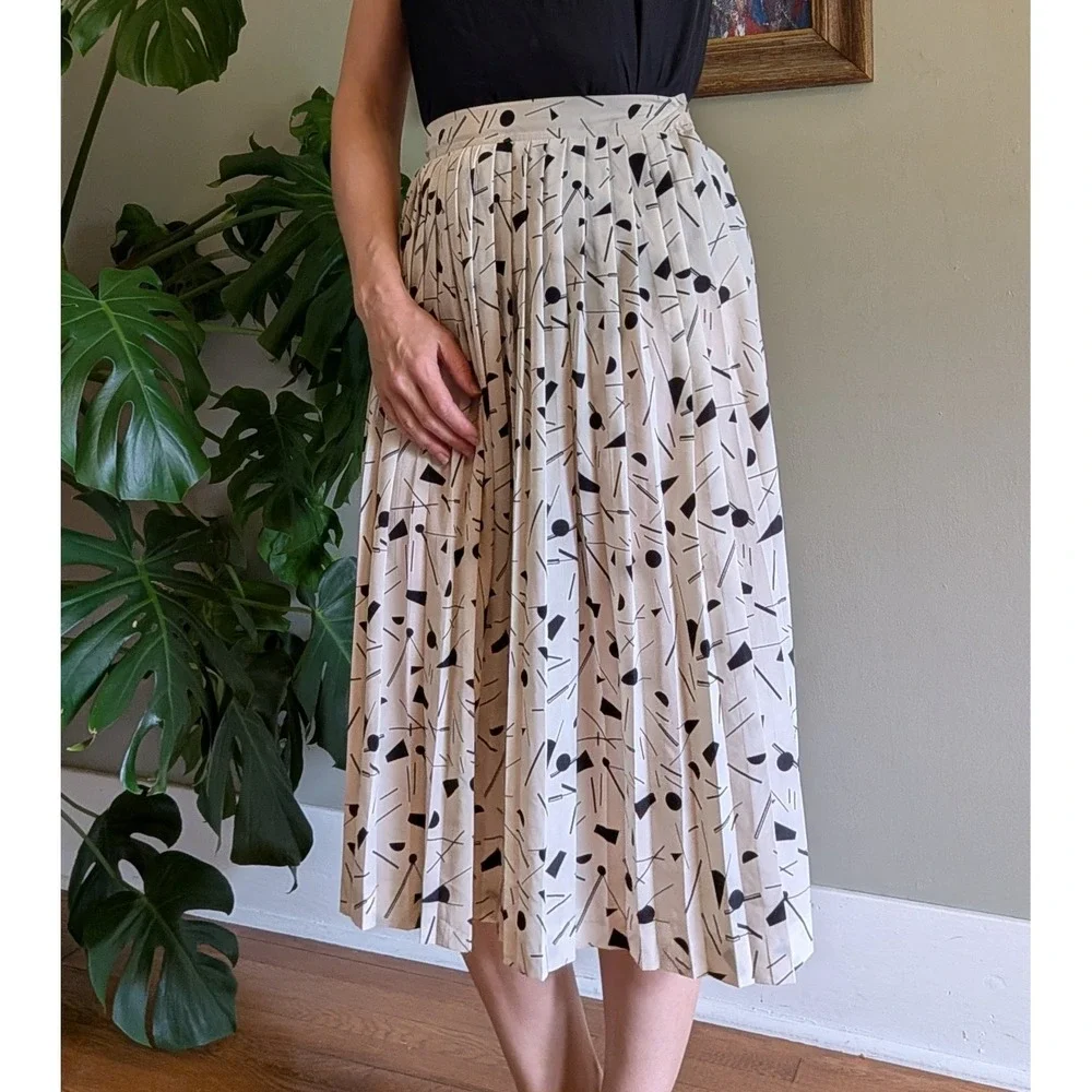Vtg 80s Chaus Geometric Confetti Accordion Pleated Midi Skirt Retro Career Funky